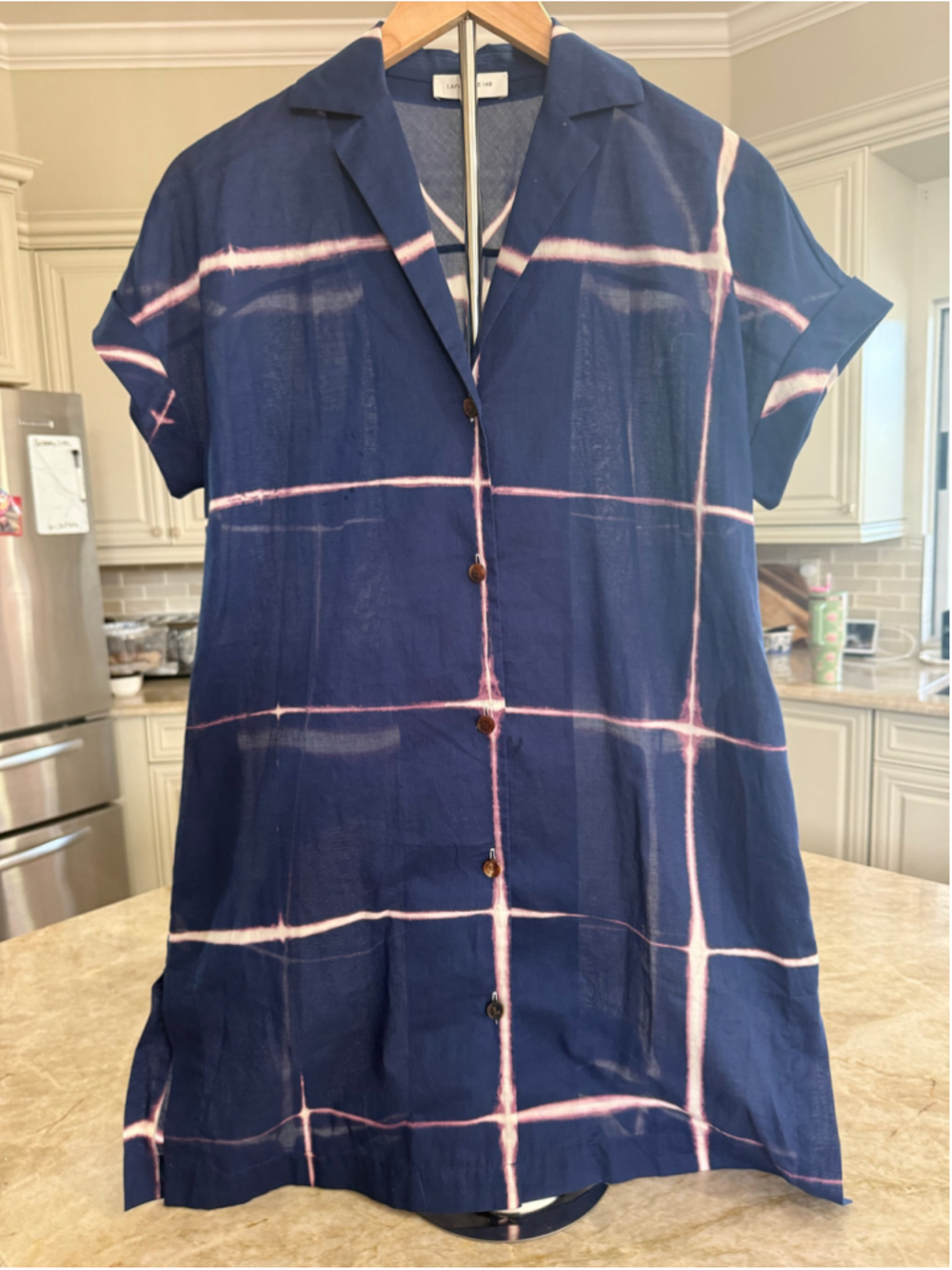 Lafayette 148 New York Button Down mini Shirt Dress Navy Pink sheer tie dye